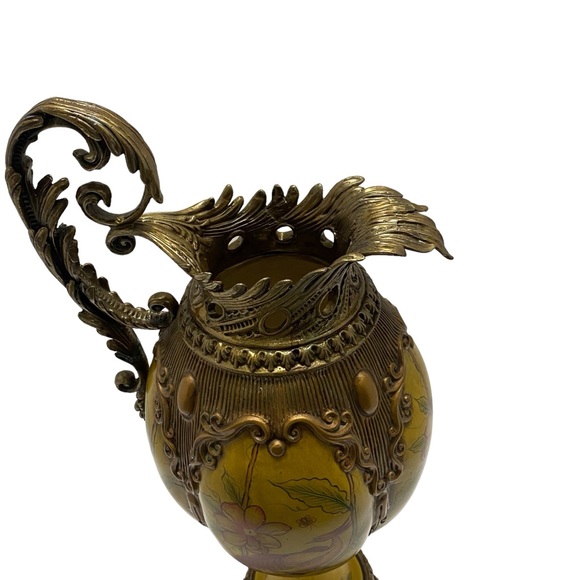 Antique Handpainted Porcelain Large Brass Footed Ewer - Picture 4 of 8